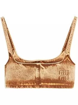 Miu Miu укороченный джинсовый топ с вышитым логотипом, коричневый