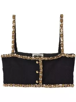 Miu Miu укороченный твидовый топ с пайетками, черный