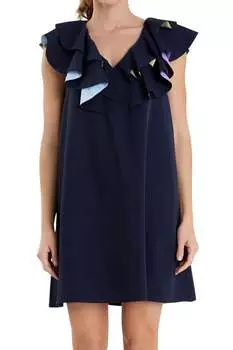 Многоцветное контрастное мини-платье в цвете «темно-синий» English Factory