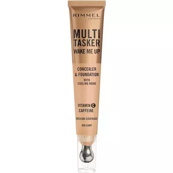 Многофункциональная основа и консилер Wake Me Up 030 Light Устраняет отечность Осветляет темные круги Металлический охлаждающий аппликатор Кофеин Витамин C 2% Ниацинамид Веганский продукт Не тестируется на животных Rimmel