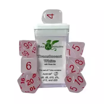 Многогранные игральные кости — полупрозрачные белые с розой и аркой4 (7), Game Dice - Translucent (Role 4 Initiative)