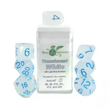 Многогранные игральные кости — полупрозрачные белые со светло-голубым и Arch'd4 (7), Game Dice - Translucent (Role 4 Initiative)