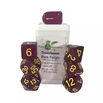Многогранные игральные кости — полупрозрачные темно-фиолетовые с желтым и арочным 4 (7), Game Dice - Translucent (Role 4 Initiative)