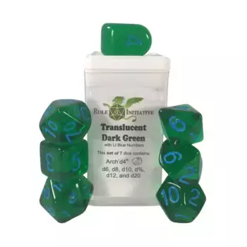 Многогранные игральные кости — полупрозрачные темно-зеленые со светло-голубым и Arch'd4 (7), Game Dice - Translucent (Role 4 Initiative)