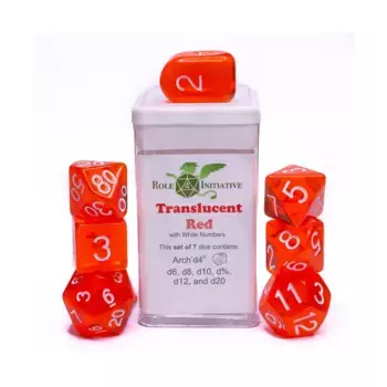 Многогранные игральные кости — полупрозрачный красный с белым и аркой4 (7), Game Dice - Translucent (Role 4 Initiative)