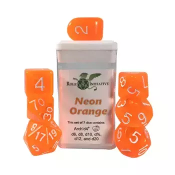 Многогранные игральные кости — полупрозрачный неоновый оранжевый с белым и Arch'd4 (7), Game Dice - Translucent (Role 4 Initiative)