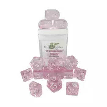 Многогранные игральные кости — полупрозрачный розовый с белым и Arch'd4 (15), Game Dice - Translucent (Role 4 Initiative)
