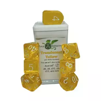 Многогранные игральные кости — полупрозрачный желтый с белым и аркой4 (7), Game Dice - Translucent (Role 4 Initiative)