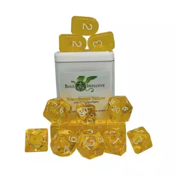Многогранные игральные кости — полупрозрачный желтый с белым и Arch'd4 (15), Game Dice - Translucent (Role 4 Initiative)