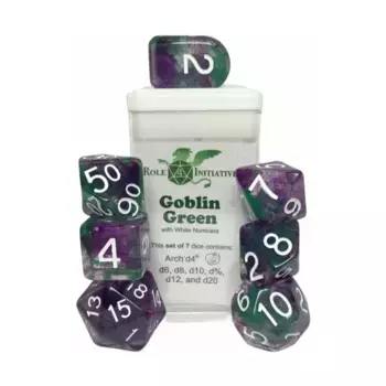 Многогранные игральные кости — зеленый гоблин Arch'd4 с символами и цифрами белых существ (7), Game Dice (Role 4 Initiative)