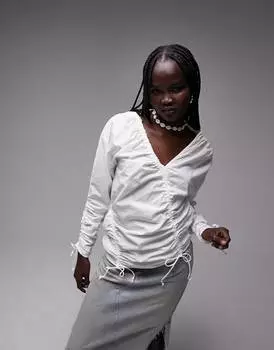 Многоканальный поплиновый топ цвета слоновой кости с рюшами Topshop