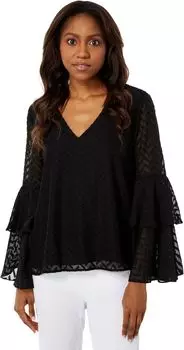 Многоярусная блузка с V-образным вырезом и рукавами-колокольчиками, шевроном Vince Camuto, цвет Rich Black