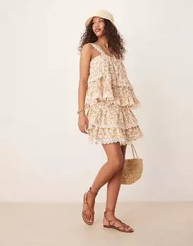 Многоярусная мини-юбка ASOS DESIGN с вышитым подолом и цветочным принтом