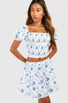 Многоярусная мини-юбка с цветочным принтом boohoo, белый