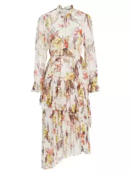 Многоярусное асимметричное платье миди с цветочным принтом Matchmaker Zimmermann, цвет ivory tropical floral
