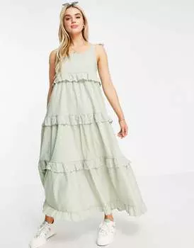Многоярусное хлопковое платье макси Vila шалфейного зеленого цвета
