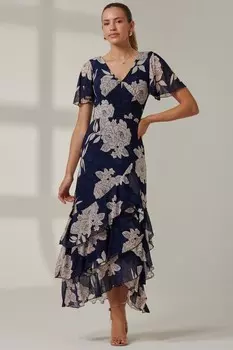 Многоярусное макси платье с цветочным принтом Jolie Moi, синий