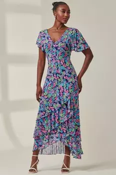 Многоярусное макси платье с цветочным принтом Jolie Moi, синий
