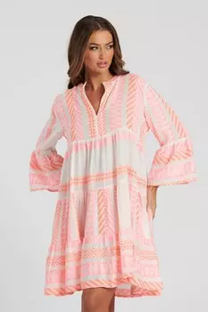 Многоярусное мини платье из 100% хлопкового жаккарда South Beach, розовый