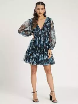 Многоярусное мини-платье из цветочного тюля rachel Lace & Beads, синий