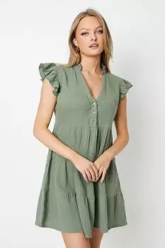 Многоярусное мини-платье из текстурированного муслина с оборками и рукавами Oasis, хаки