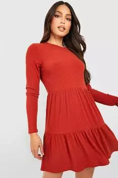 Многоярусное мини-платье в рубчик с длинными рукавами и высоким ростом boohoo, оранжевый