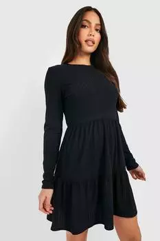 Многоярусное мини-платье в рубчик с длинными рукавами и высоким ростом boohoo, черный