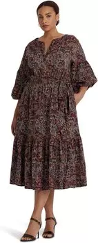 Многоярусное платье из хлопковой вуали с цветочным принтом больших размеров LAUREN Ralph Lauren, цвет Burgundy Multi