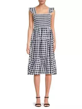 Многоярусное платье из смесового льна со сборками Saks Fifth Avenue, цвет Navy Gingham