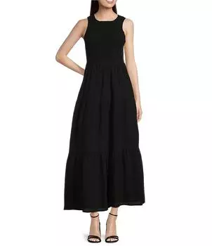 Многоярусное платье макси без рукавов с круглым вырезом DKNY, черный