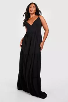 Многоярусное платье макси из джерси с бретелями Plus boohoo, черный