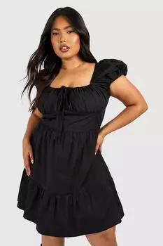 Многоярусное платье макси из хлопкового поплина Plus boohoo, черный