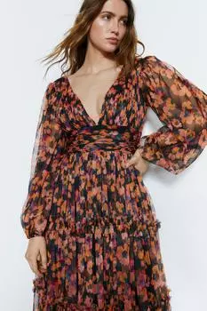 Многоярусное платье макси из тюля с цветочным принтом и объемными рукавами Warehouse, черный