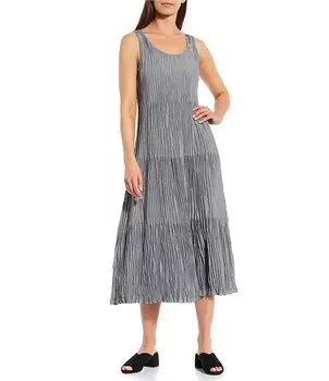 Многоярусное платье-миди без рукавов Eileen Fisher с жатым шелковым овальным вырезом, серый