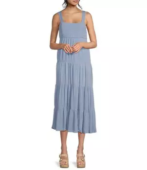 Многоярусное платье миди без рукавов с квадратным вырезом Moa Moa, синий