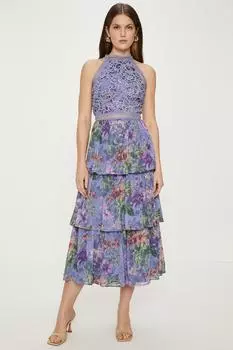 Многоярусное платье миди из кружева с цветочным принтом с бретелькой на шее Oasis, фиолетовый