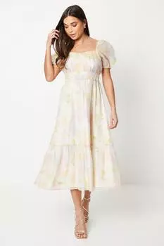 Многоярусное платье миди из органзы Petite со сборками и бюстом Oasis, розовый