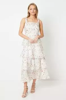 Многоярусное платье миди из органзы с цветочным принтом и завязками на плечах Oasis, желтый