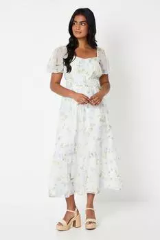 Многоярусное платье миди из органзы со сборками и бюстом Oasis, белый