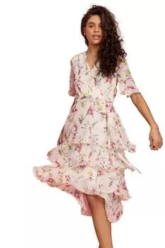 Многоярусное платье миди из шифона с цветочным принтом и оборками Roman, бежевый