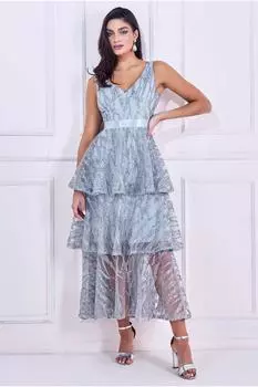 Многоярусное платье-миди из вышитой сетки Goddiva, серый