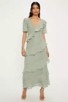 Многоярусное платье миди с асимметричными рюшами и рукавами ангела Oasis, зеленый