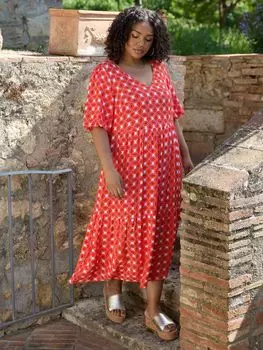 Многоярусное платье миди с геопринтом Live Unlimited Curve, красный