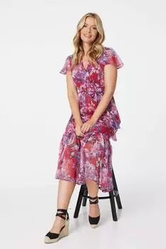 Многоярусное платье миди с короткими рукавами и цветочным принтом Izabel London, розовый