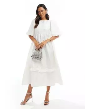 Многоярусное платье миди с завязками на спине из белой парчи Glamorous