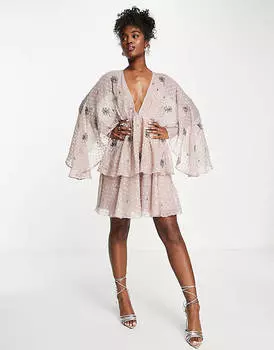 Многоярусное платье мини с цветочным принтом ASOS DESIGN пыльно-розового цвета