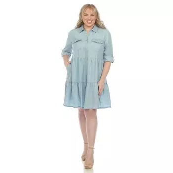Многоярусное платье-рубашка миди больших размеров с длинными рукавами WM Fashion, цвет Chambray