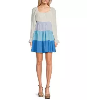 Многоярусное платье с длинными рукавами и цветными блоками Blu Pepper, синий