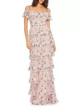 Многоярусное платье с открытыми плечами и вышивкой Mac Duggal, цвет Mauve