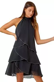 Многоярусное платье с воротником-халтер и отделкой пайетками Roman, черный